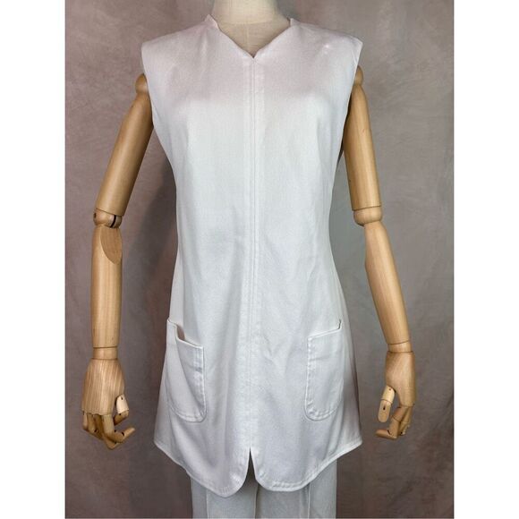 Vintage 1960s 70s Pantsuit White 2 Piece Set Polyester MCM Mod - Picture 2 of 6